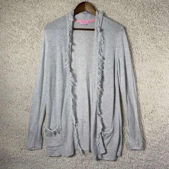 Lilly Pulitzer Gray Bridget Open Cardigan Fringe Trim‎ Women’s Medium Sweater - Picture 2 of 9